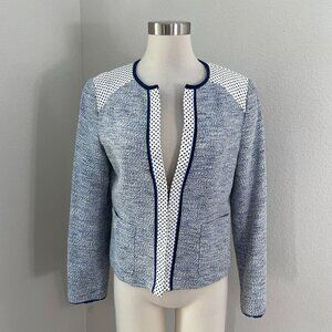 Nanette Lepore Womens 12 Blue White Tweed Jacket With Leather Trim USA